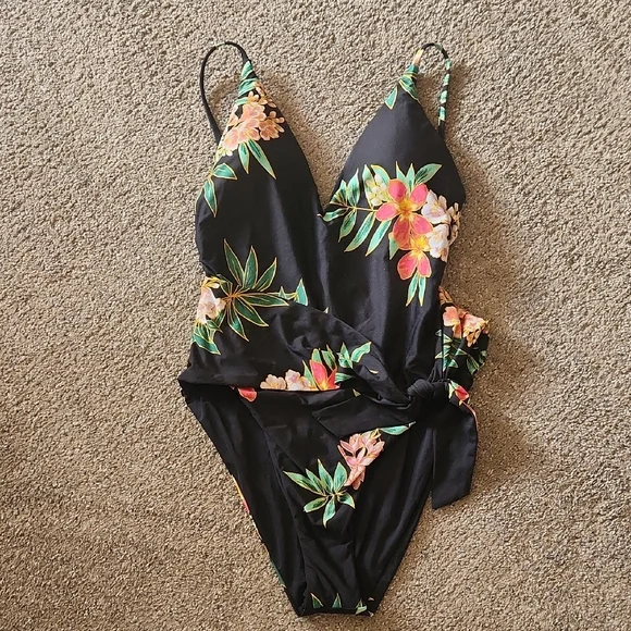 Floral Wrap One-Piece Swimsuit - Black with Tropical Print - Picture 1 of 8